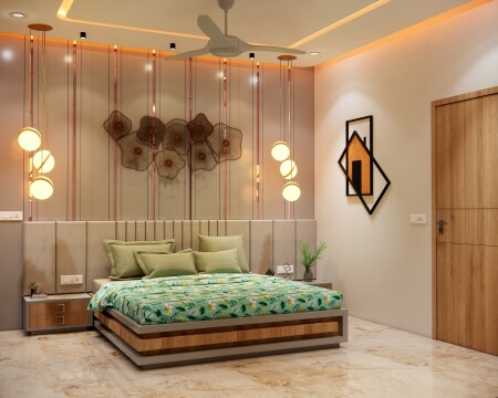 Bedroom Interior, Upholstered Headboard, Pendant Lights, Eclectic Decor