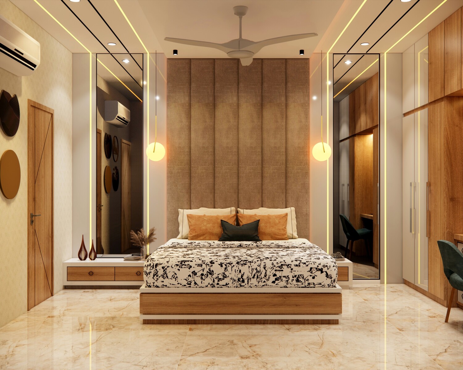 Bedroom Interior, Wooden Headboard, Mirrored Wall, Minimalist Design