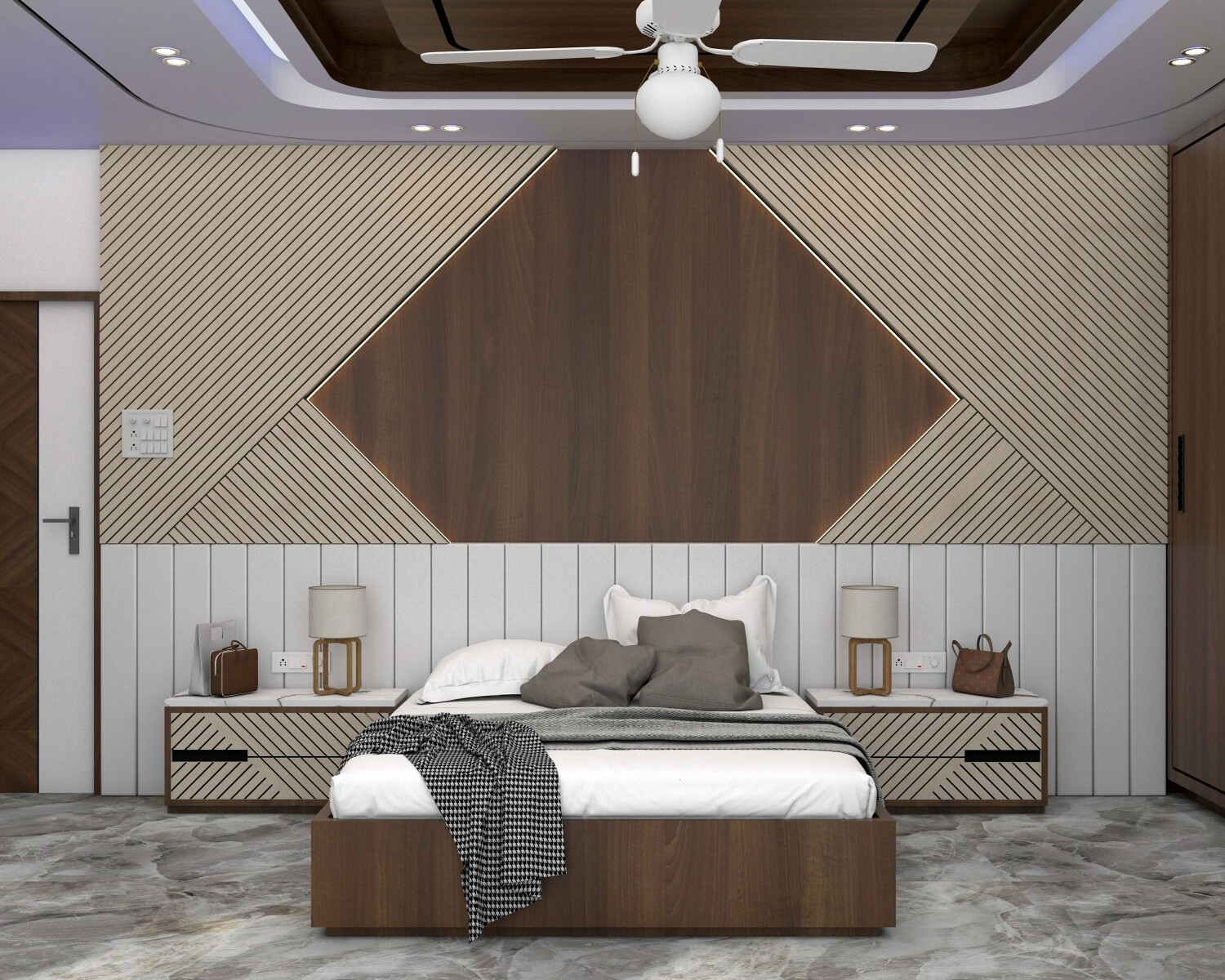 Bedroom Interior, Geometric Wall Paneling, Wooden Accent Wall, Minimalist Design