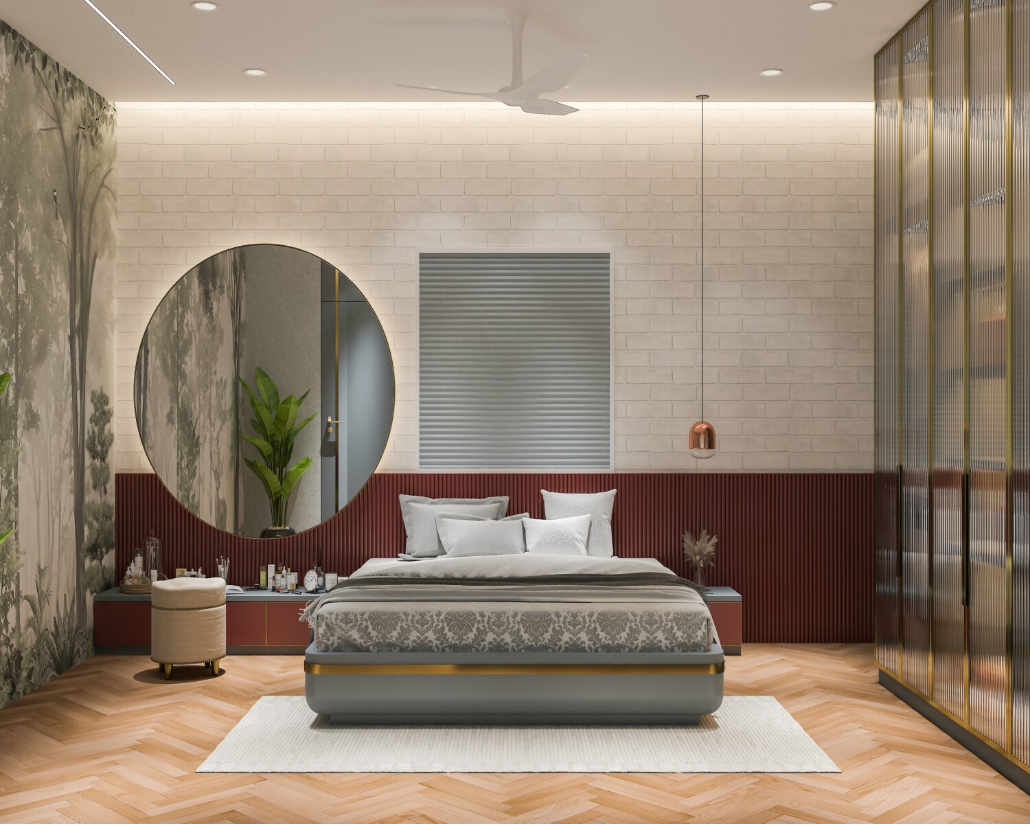 Burgundy and white contemporary bedroom with an exposed brick wall, upholstered headboard, side tables with drawers, pendant lights, and herringbone patterned flooring