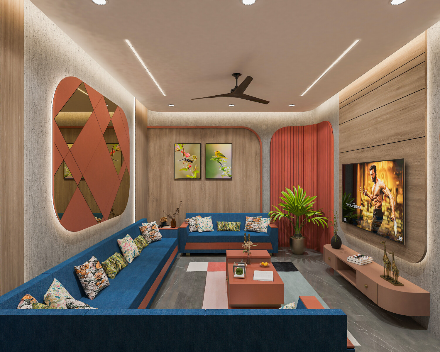 Contemporary Indian living room with blue sofa, coral accents, and wooden paneling
