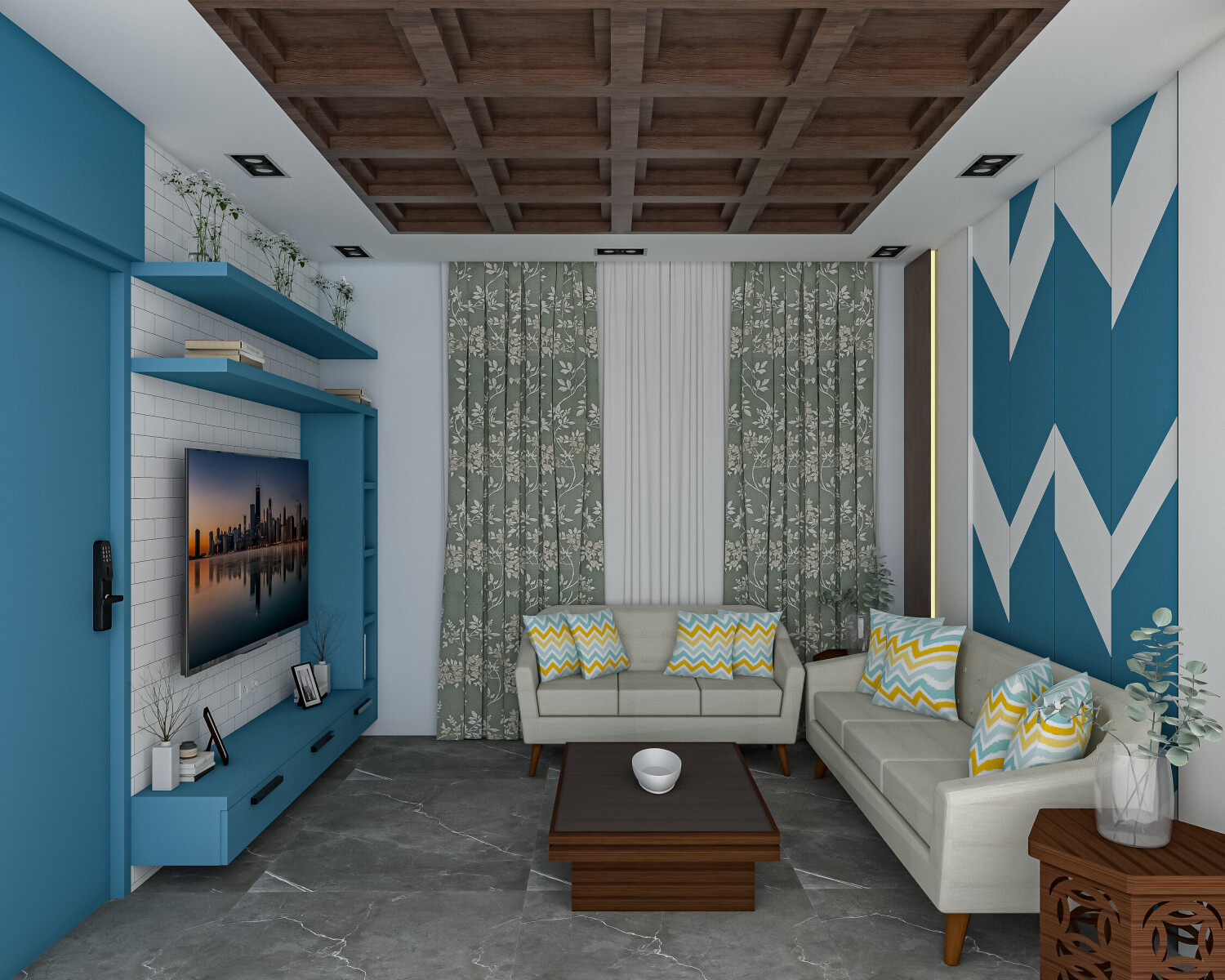 Geometric living room with blue accent wall, white sofa, and wooden coffee table