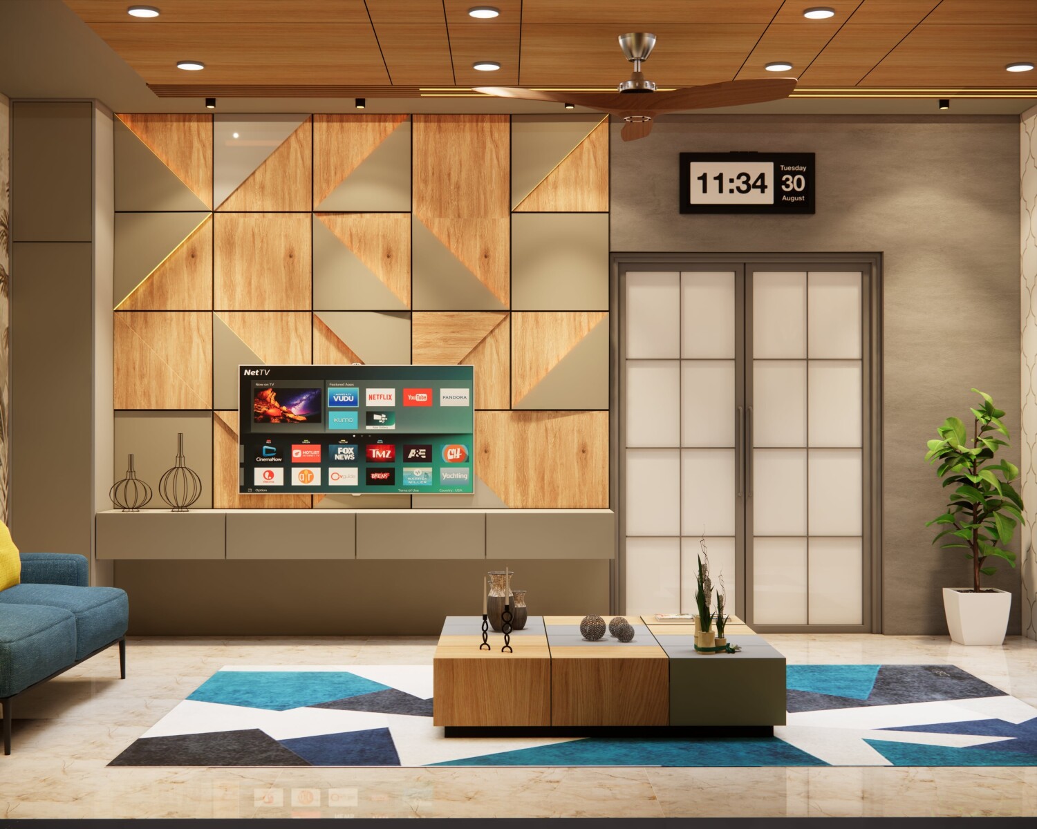 tv unit for living room, tv wall unit for living room, TV unit with geometric wood and mirrored panel wall and floating console