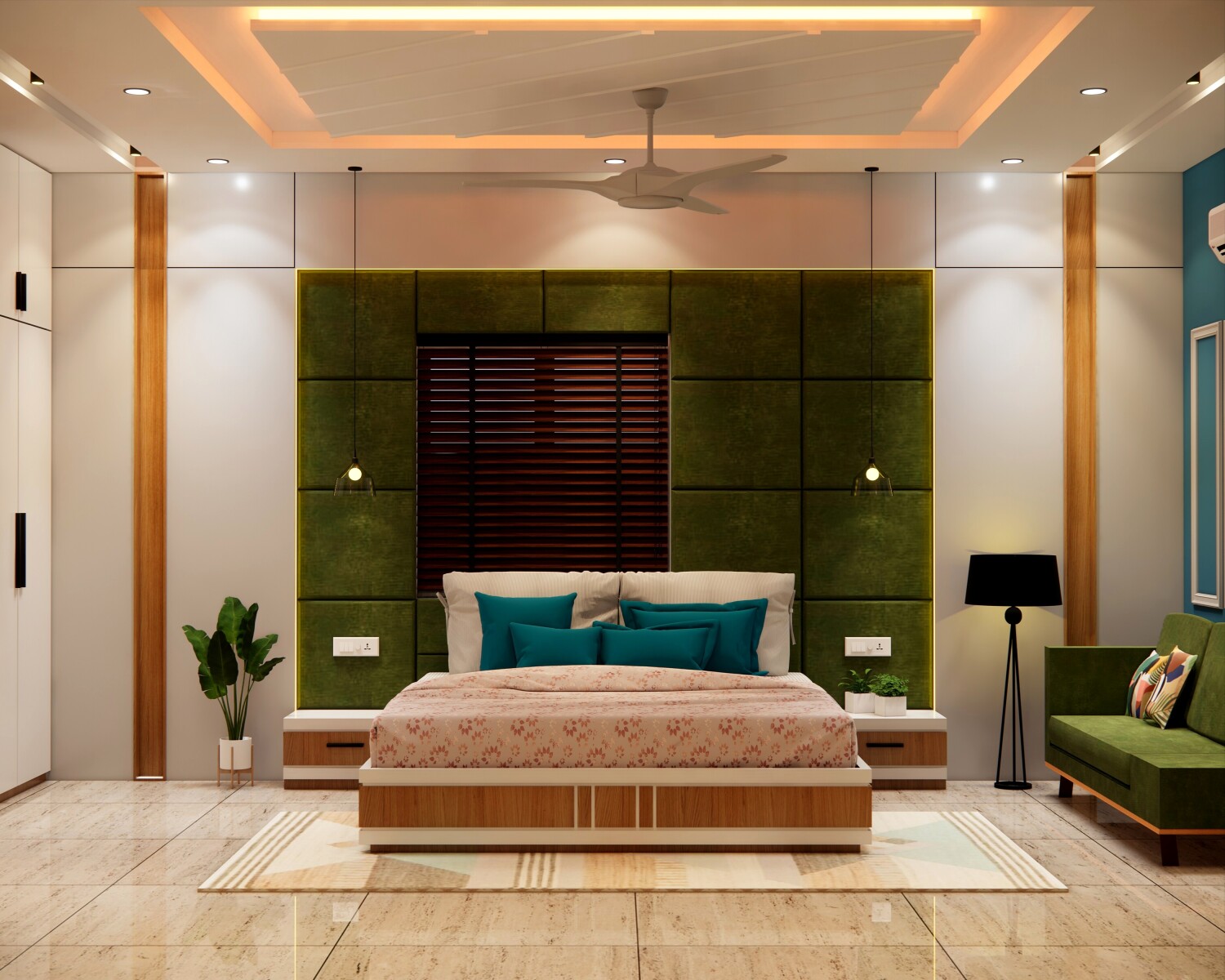 Green Headboard Bedroom, Minimalist Design, Wooden Accents