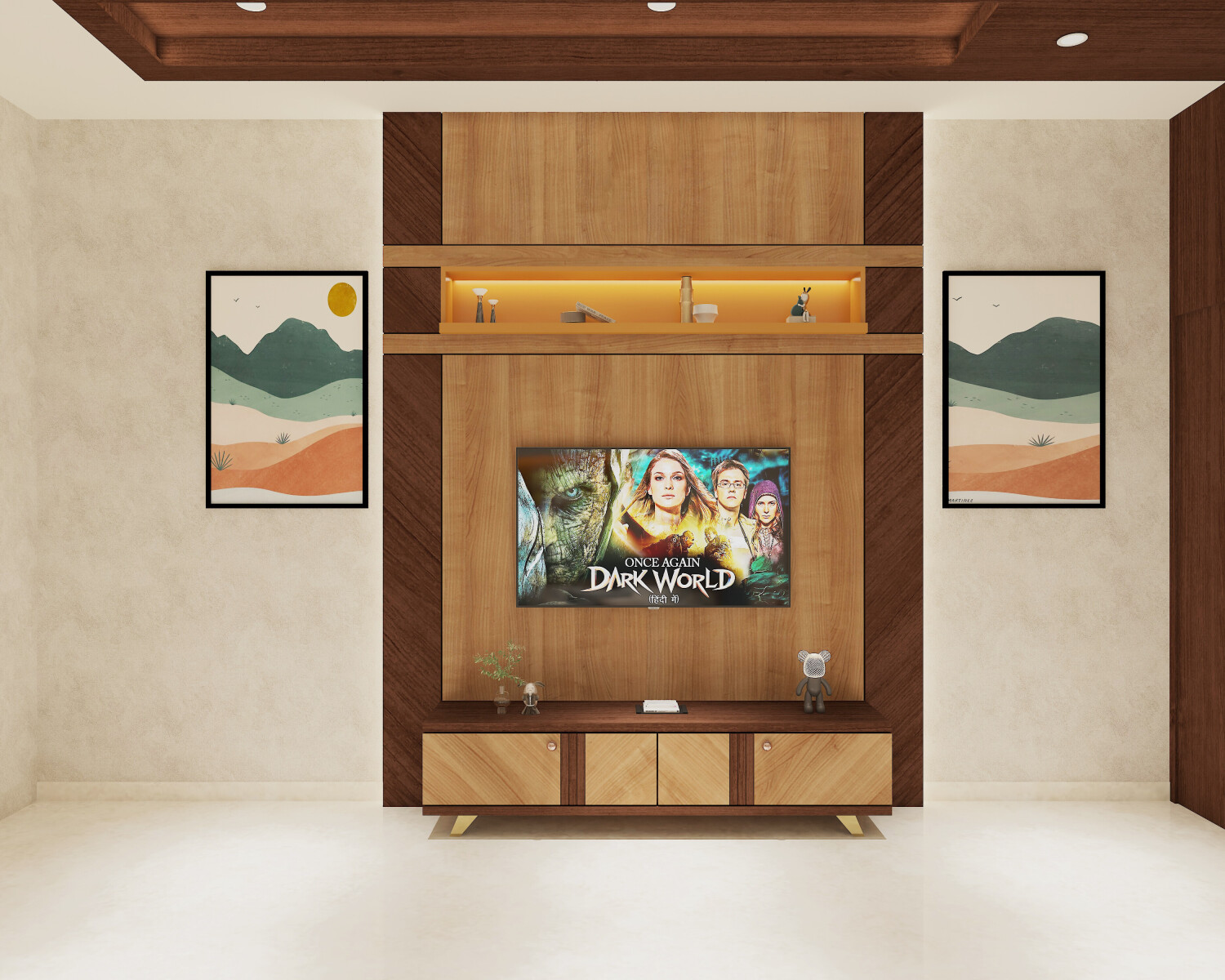 Modern Bedroom TV Unit with Wooden Shelves and Minimalist Design