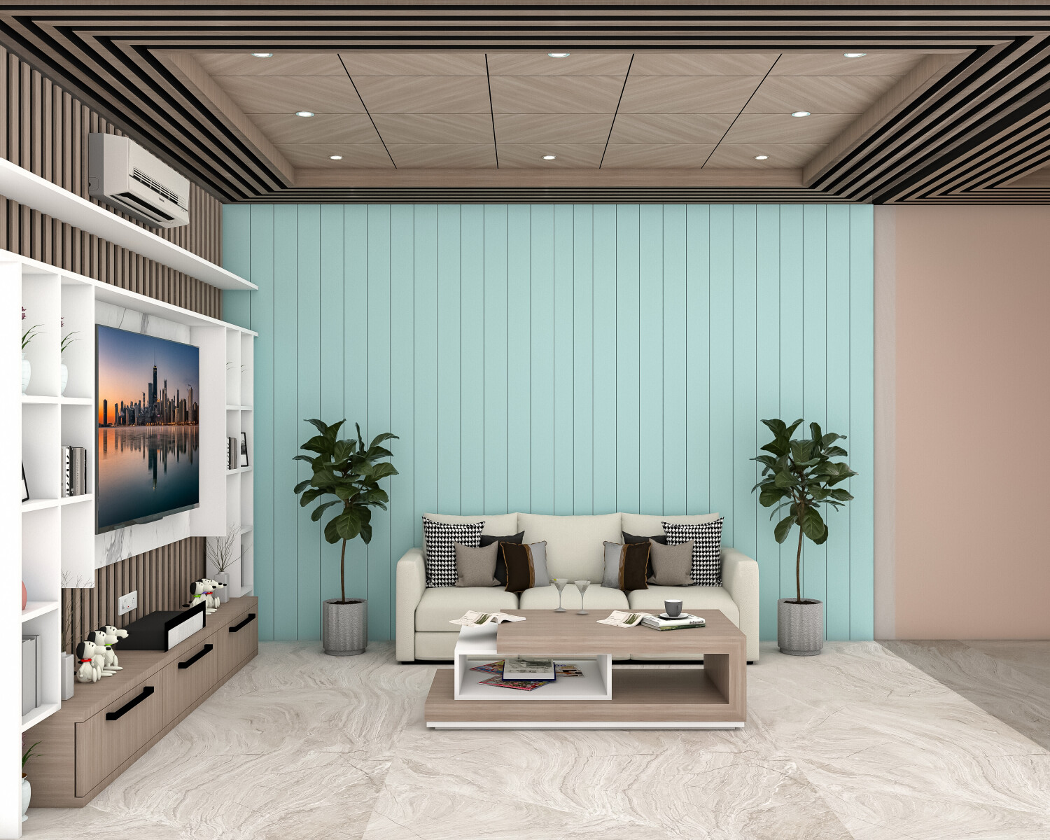 Modern minimalist living room with a blue accent wall, white sofa, and wooden coffee table