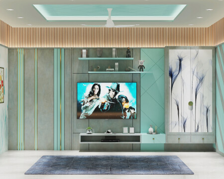 Modern TV unit with slatted wood wall and low console