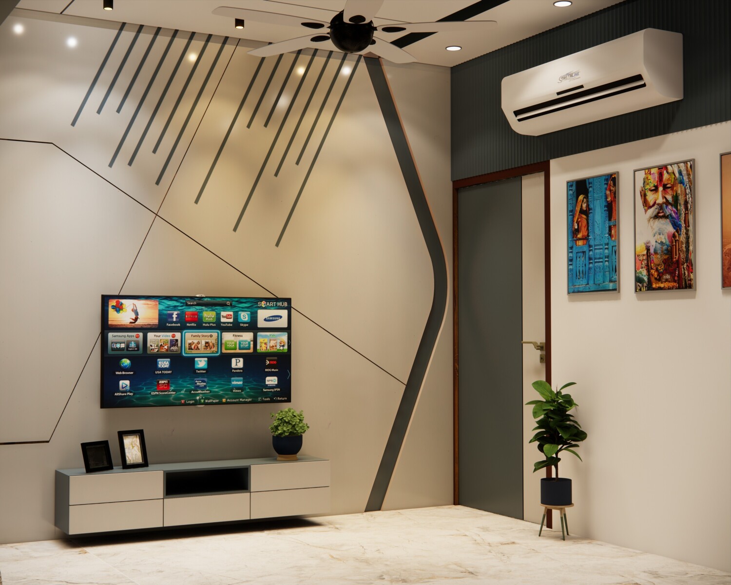 Modern TV unit with geometric patterned wall and low console
