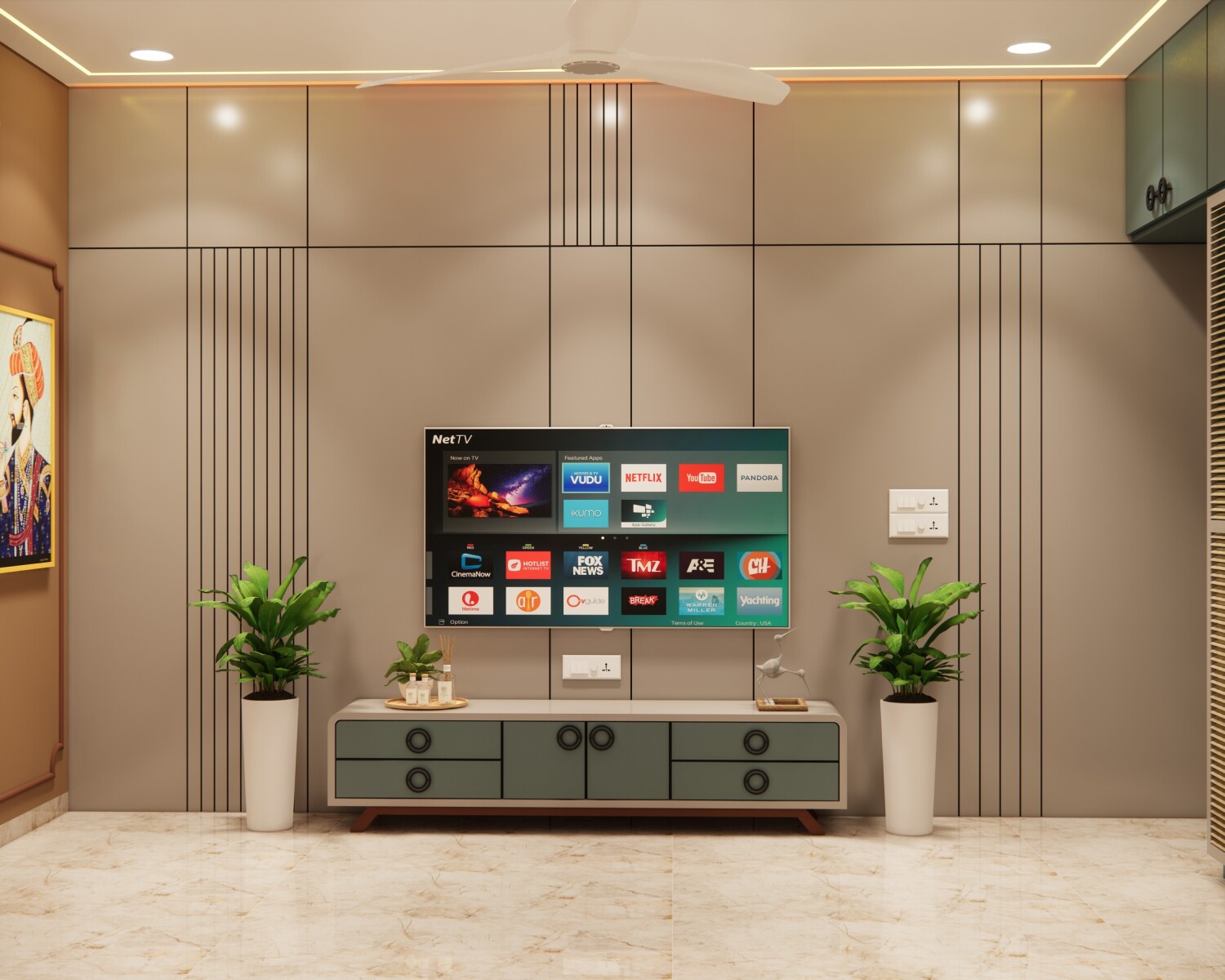 Modern TV unit with vertical panel wall and low-profile console