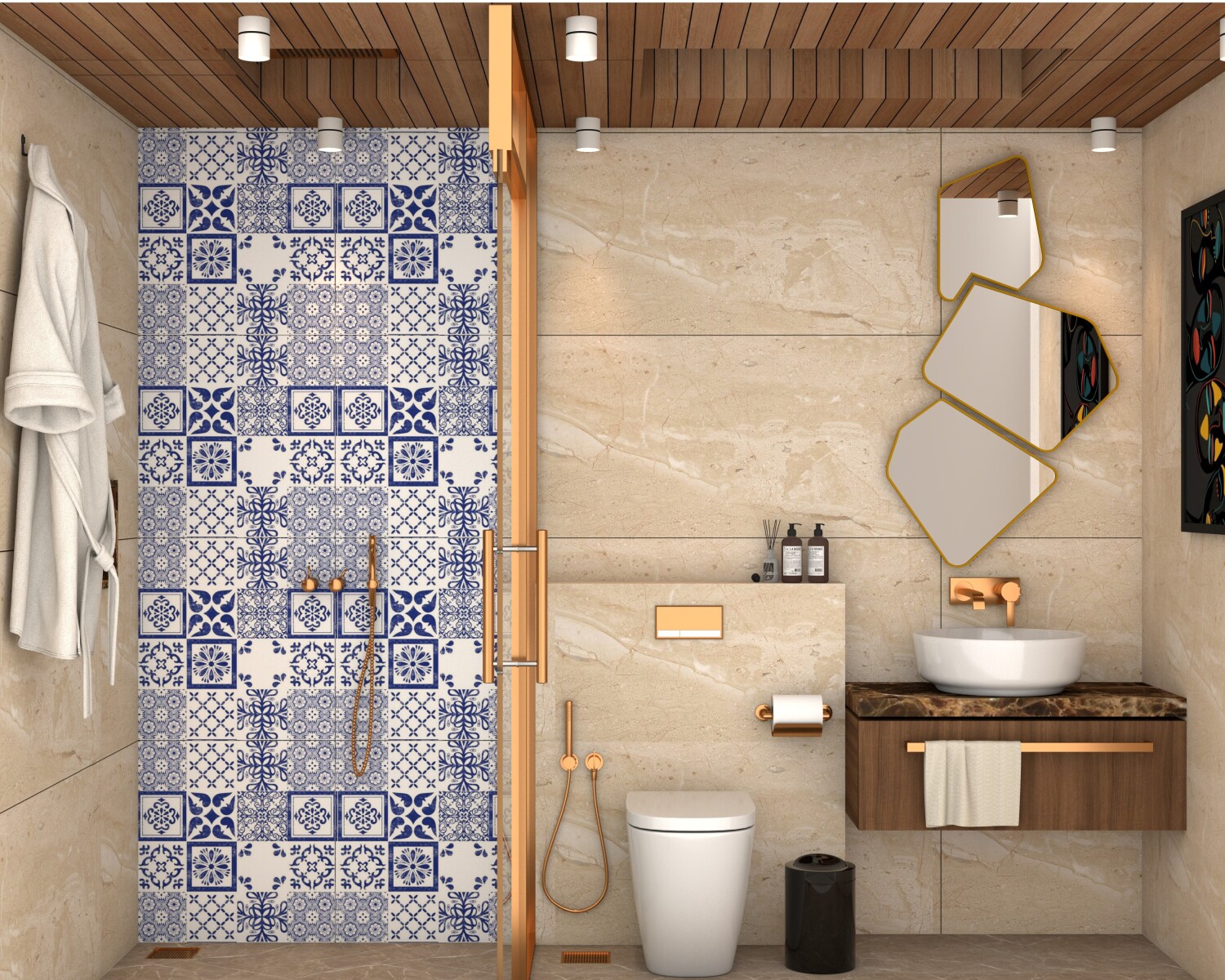 Modern bathroom with blue and white patterned tile shower and wood ceiling,Modern Bathroom Ideas, Bathroom Tile Ideas, Bathroom Ceiling Ideas, Contemporary Bathroom Design, Bathroom Remodel Ideas, Shower Tile Ideas, Bathroom Renovation, Patterned Bathroom