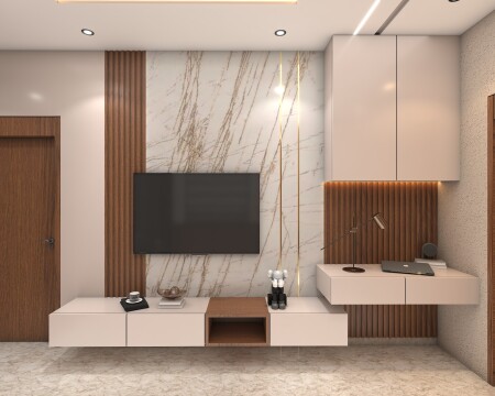 Modern contemporary TV unit with built-in desk, marble accent wall, and light wood details, Best tv unit design with study table