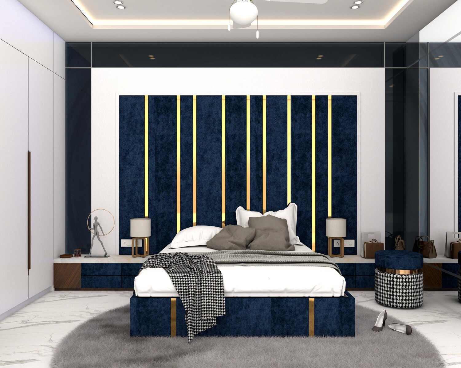 Navy Blue Bedroom with Gold Accents, Luxury Bedroom Design