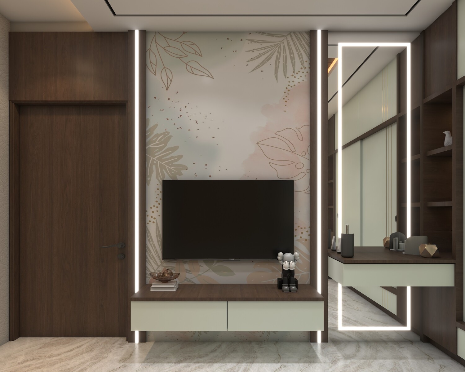 Modern TV unit with floral wallpaper accent wall, drawers, open shelves