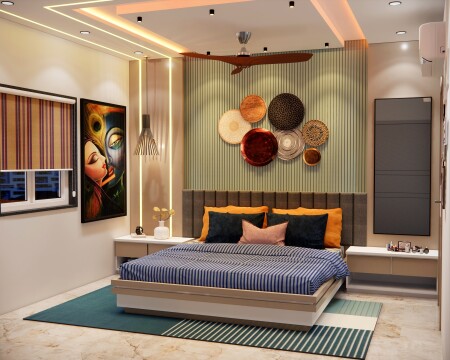 Modern bedroom with artistic wall decor, warm color palette, comfortable bed, cozy atmosphere, and blend of traditional and contemporary elements